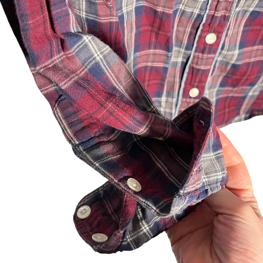 Levi's Burgundy Blue Plaid Cotton Button Down Shirt Medium Distressed Look - Picture 7 of 12